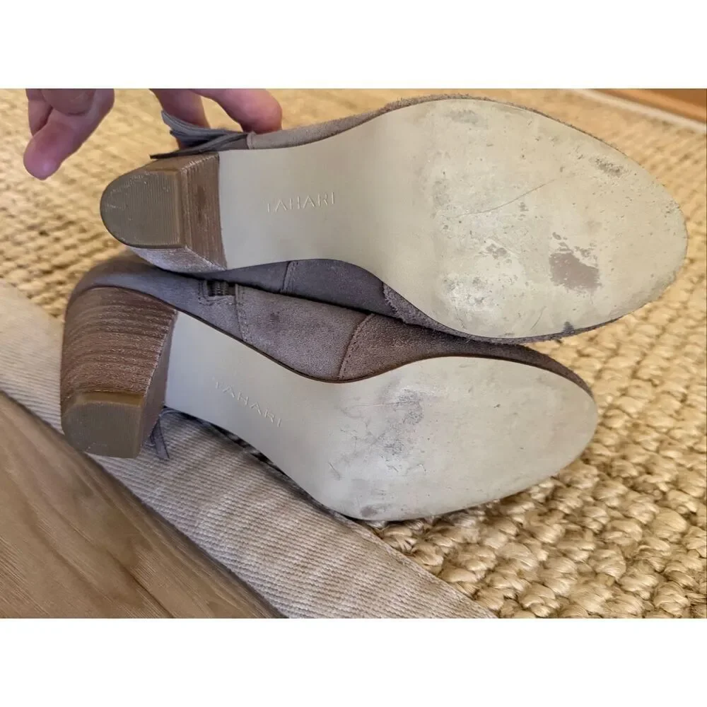 Tahari Camila Taupe Suede Fringe Ankle Booties Women’s 6.5M Stacked Heel